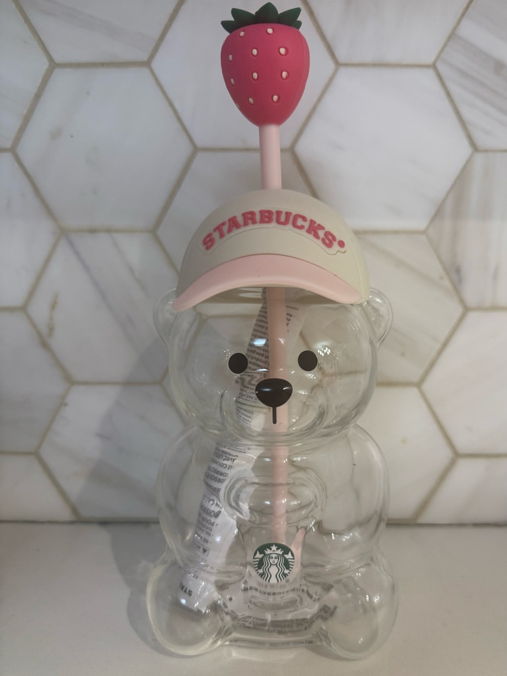 Starbucks Clear Bear Bottle with Pink Hat and Strawberry Straw Topper